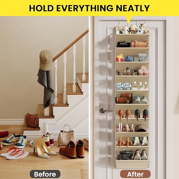 20-25 Pairs Over the Door Shoe Organizer, Clear Pockets Shoe Rack for Closet Door, 10-Tier Hanging Shoe Rack for Boots, Behin