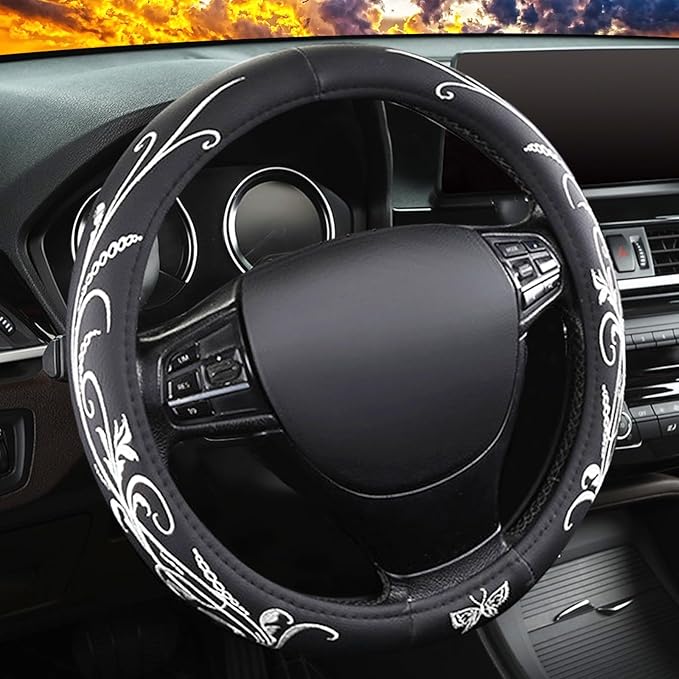White Embroidery Butterfly Car Steering Wheel Cover,14.5-15 Inch Universal Leather Covers Breathable Anti-Slip Odorless Steer