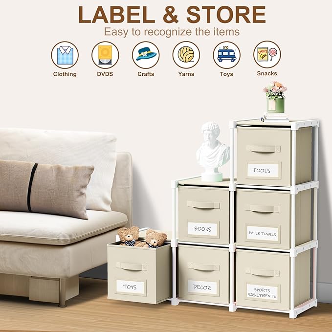 Geelin 6 Cube Storage Organizer with Fabric Bins and Labels 11 Inch, Fabric Collapsible Cubby Clothes Storage Drawer Dresser 