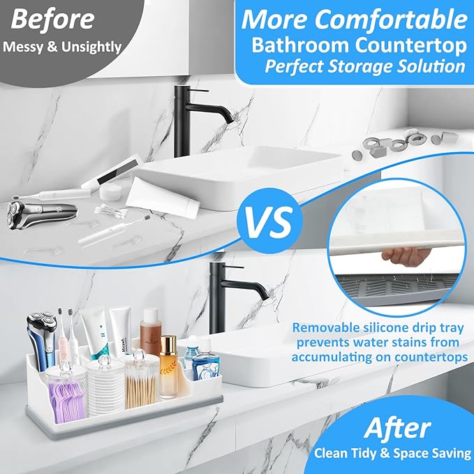 Bathroom Counter Organizer, Large White Silicone Toothbrush Holders for Bathrooms Organizer Countertop with 3PCS Qtip Holder,