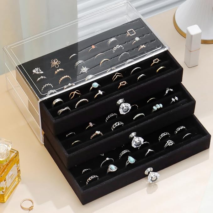 SPAKOWN Ring Box Display Holder, Clear Velvet Jewelry Storage Tray Organizer for Ring Stud Earring (Black - 3 Drawers)