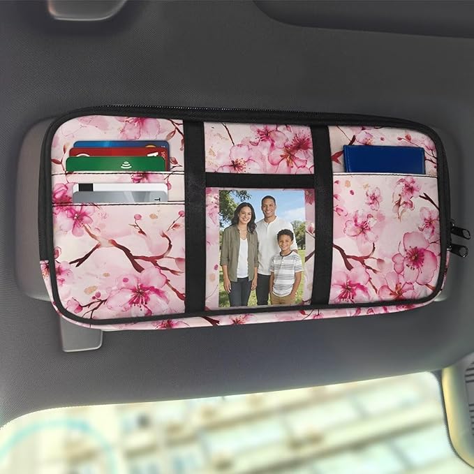 Pink Flower Car Sun Visor Organizer, Multi-Pocket Auto Visor Organizers Card Holder Car Storage Bag with Zipper Scratch-Resistant Auto Sunshade Organizer Bag Organizes Essentials
