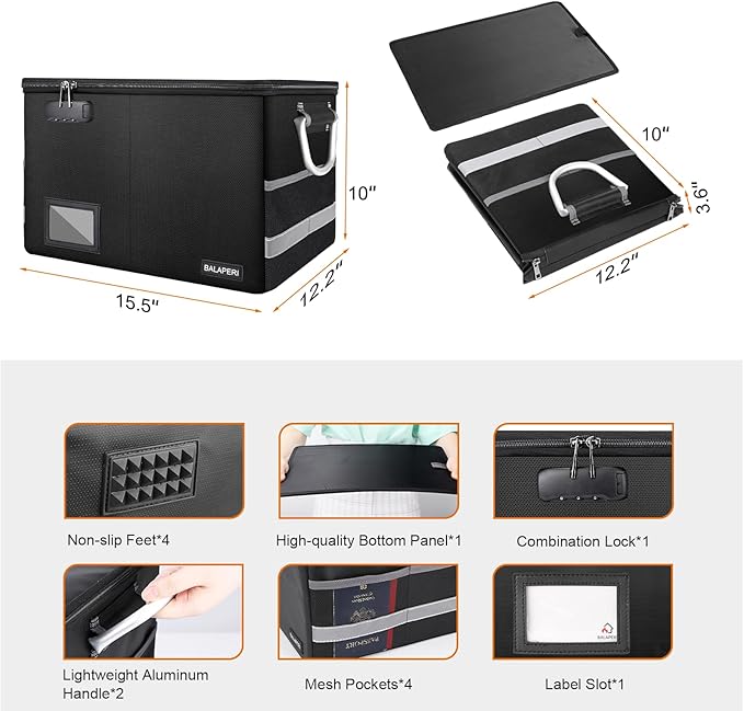 BALAPERI Fireproof Document Box with Lock, Portable File Box with Handle, Locking File Organizer Storage Box for Legal/Letter