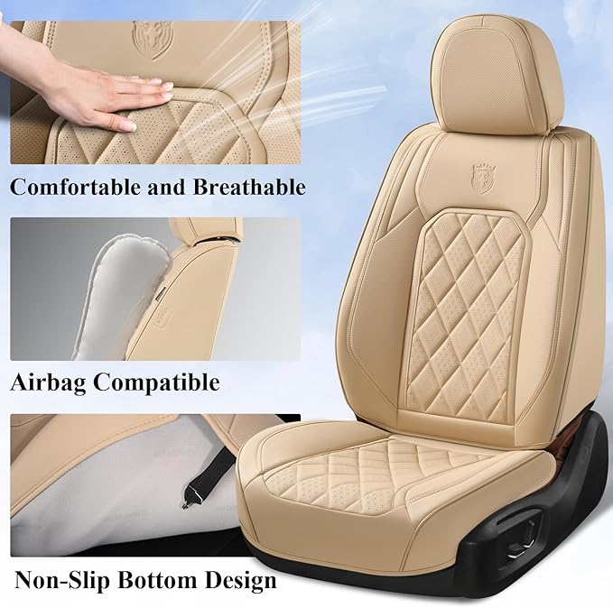 Coverado Front Seat Covers, 2-Pack Luxury Faux Leather Car Seat Cover, Beige Seat Covers, Car Seat Protector Waterproof, Car 