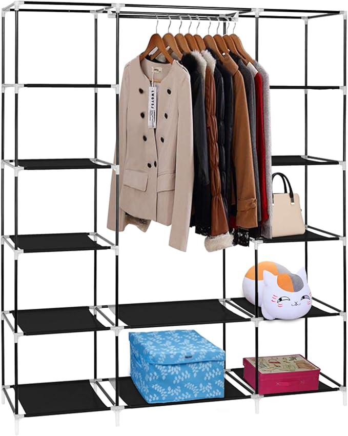 lapday 59 inches Portable Closet Wardrobe, Non-Woven Fabric Closet Storage Organizer with Hanging Rods &12 Storage Shelves, Q