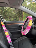 Handmade Crochet Sun and Moon Car Steering Wheel Covers Universal 14-15 inch for Women and Men (A,Steering Wheel Cover+2 Belt Cover)
