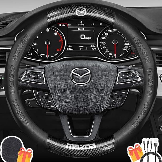 Customized Steering Wheel Cover Compatible with Mazda, Premium Nappa Leather&Bright Carbon Fiber Texture Steering Wheel Cover, with Coasters and 3-in-1 USB Fast Charging Cable (Black)