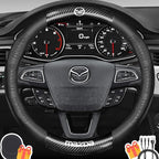 Customized Steering Wheel Cover Compatible with Mazda, Premium Nappa Leather&Bright Carbon Fiber Texture Steering Wheel Cover, with Coasters and 3-in-1 USB Fast Charging Cable (Black)