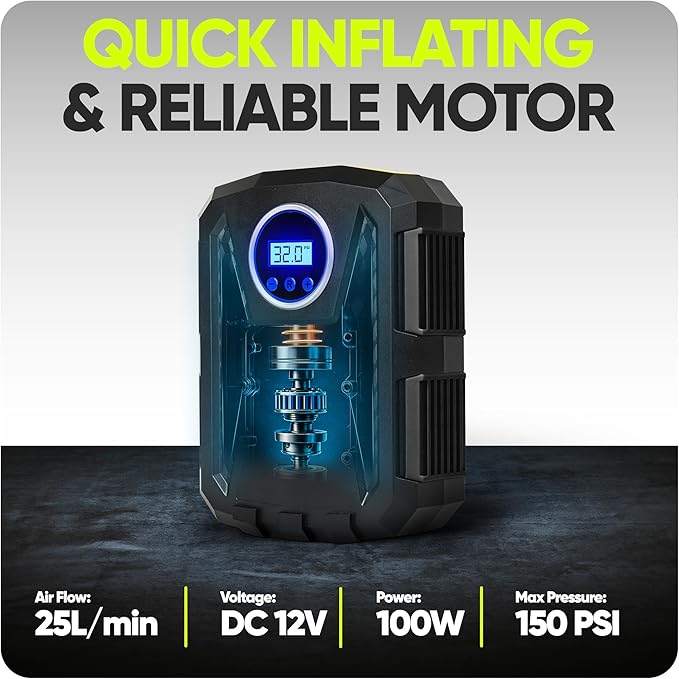 FORTEM Tire Inflator Portable Air Compressor, Air Pump for Car Tires and Bikes, Car Tire Pump w/Auto Shut Off, 150 PSI, 12V DC, LED Light, Carrying Case, for Men, Women