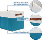 Temary Fabric Storage Bins - 12x12 Cube Baskets for Shelves & Closet with Leather Handles (White & Teal)