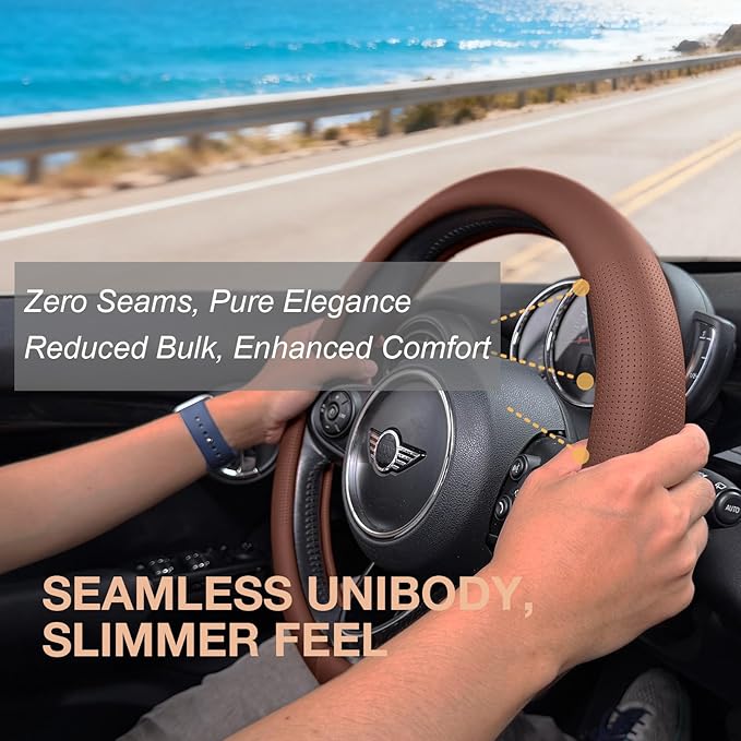 PINCTROT Large Size Nappa Leather Steering Wheel Cover, Slim Fit No Bulk Design, One Piece Leather with Breathable Perforatio