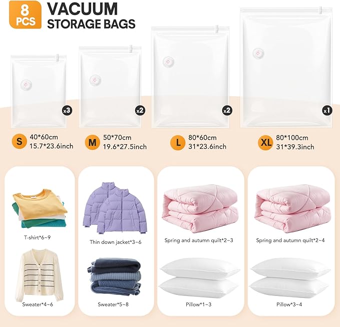 8 Pack Vacuum Storage Bags Jumbo, Vacuum Seal Bags for Clothing, 1 Jumbo+2 Large+2 Medium+3 Small, 80% Space Saver Bags for C