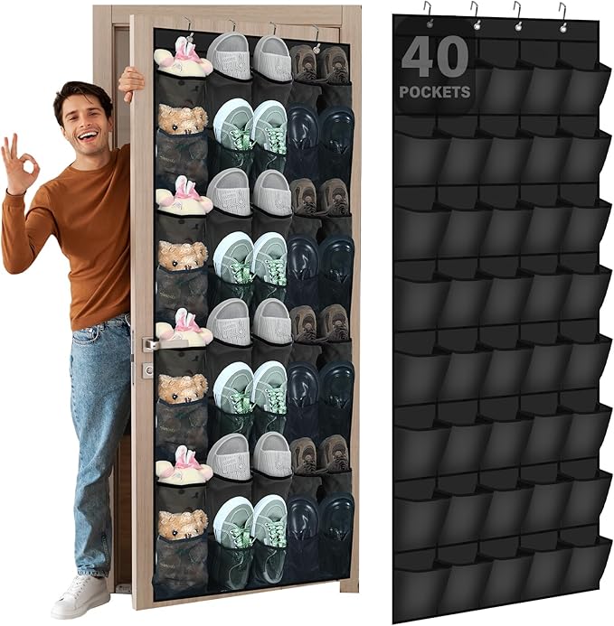 Windyun 40 Over the Door Shoe Organizer Large Breathable Mesh Pockets Hanging Shoe Rack for Closet Black Behind Door Hanger S
