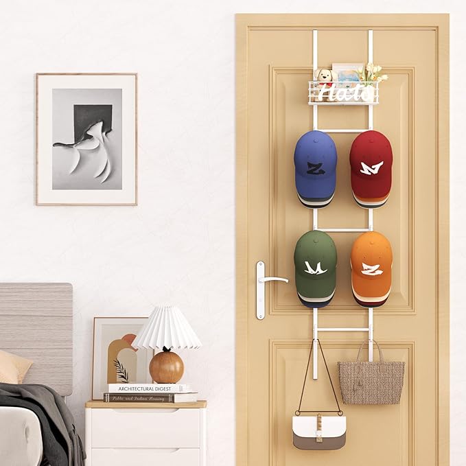 SWTYMIKI Over Door Hat Organizer - Wall Mounted Hat Rack with 6 Hooks and Metal Basket Design, Hanging Baseball Cap Organizer