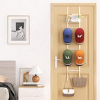 SWTYMIKI Over Door Hat Organizer - Wall Mounted Hat Rack with 6 Hooks and Metal Basket Design, Hanging Baseball Cap Organizer