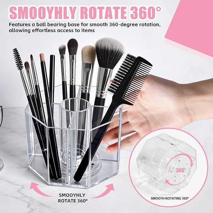 Acrylic Makeup Brush Holder, 360°Rotating Makeup Brush Organizer with 5 Grids, Clear Makeup Holder for Courtup, Bathroom Vani