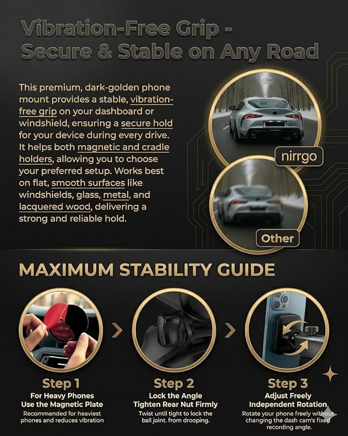NIRRGO 2-in-1 Dash Cam & Car Phone Holder Mount Bonus-2 Mounting Options Included 1080P HD Loop Recording Dashcam smart App Control, Night Vision G-Sensor Clutter,Easy Setup 32GB SD Card Included