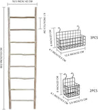PARISLOFT 8-Tier Wooden Blanket Ladder with 5 Removable Baskets, Farmhouse Leaning Ladder Shelves for Living Room & Bedroom, 