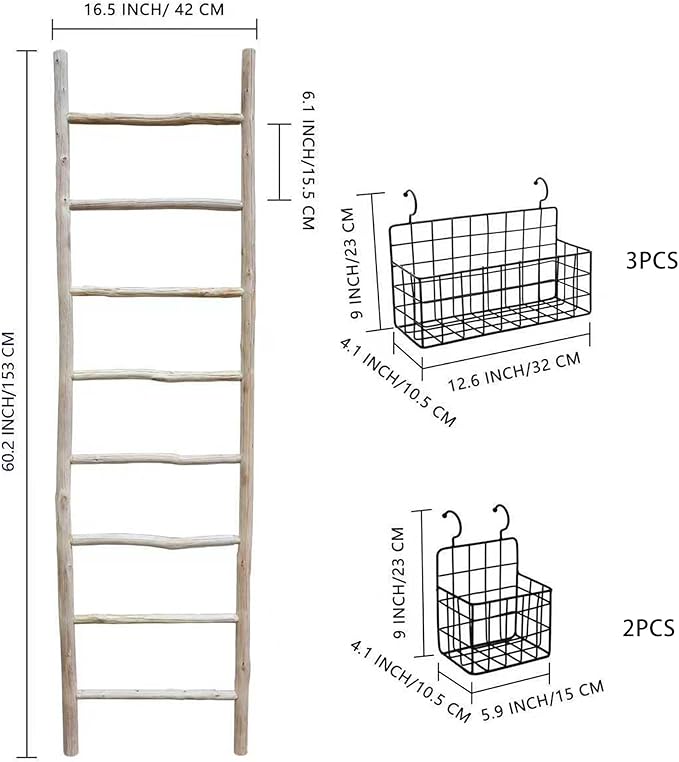 PARISLOFT 8-Tier Wooden Blanket Ladder with 5 Removable Baskets, Farmhouse Leaning Ladder Shelves for Living Room & Bedroom, 