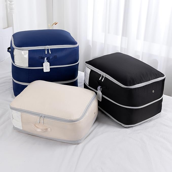 Comforter Storage Bag - Large Capacity Blanket Storage Bags 3-Layer Ultra Space Saving Self Compression Organizer, Washable C
