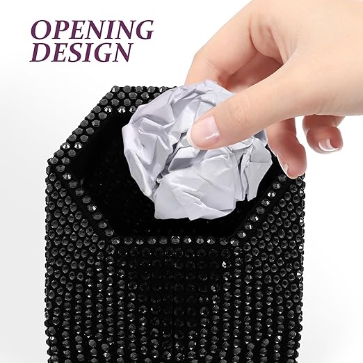 iplusmile Bling Car Trash Can with Lid, Black Rhinestone Sparkly Auto Garbage Bin for Women Girls, Mini Vehicle Waste Container Organizer for Cup Holder, Interior Decor Accessories