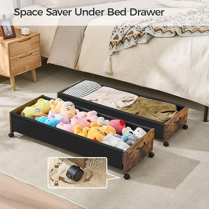 Under Bed Storage with Wheels, Wooden Under Bed Drawers On Wheels, Rolling Under Bed Shoe Storage, Space Saving,Rustic Brown,
