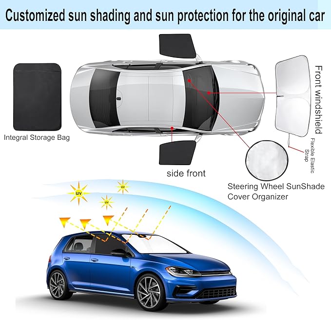 3PCS Car Window Shades Front Windshield Sun Shade Foldable Window Shade Custom Fit for 2013-2019 Volkswagen Golf Accessories Car Shades for Front Windows Anti-UV Rays Block Heat