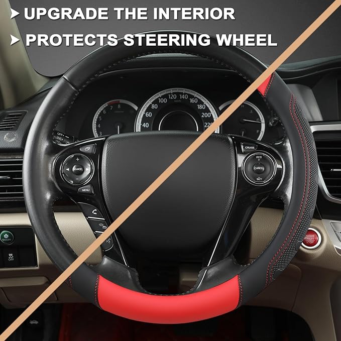 GIANT PANDA Microfiber Leather Steering Wheel Cover for Honda Accord,Civic,CR-V,HR-V,Pilot(Black+Red-Standard Size)