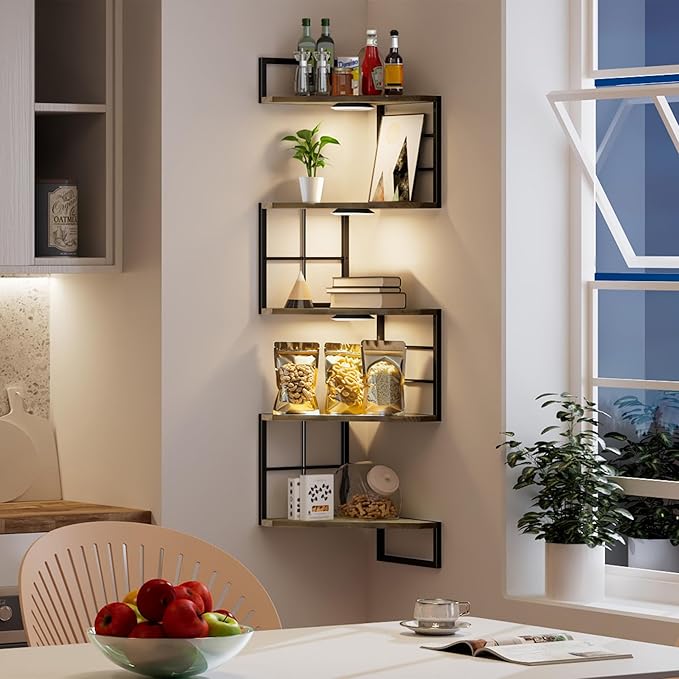 Corner Floating Shelves with Lights - 5 Tiers Corner Shelf Wall Mounted, Bookshelf with LED Light, Floating Shelves for Wall,