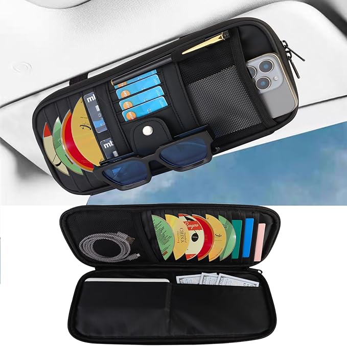 Car Visor Organizer CD Holder, Faux Leather Multi-Pocket Organizer Storage for Car/SUV/Truck with 13 CD Storage Sleeves, Sunglass Clip, Card Holder, CD Case Holder, Visor Accessories