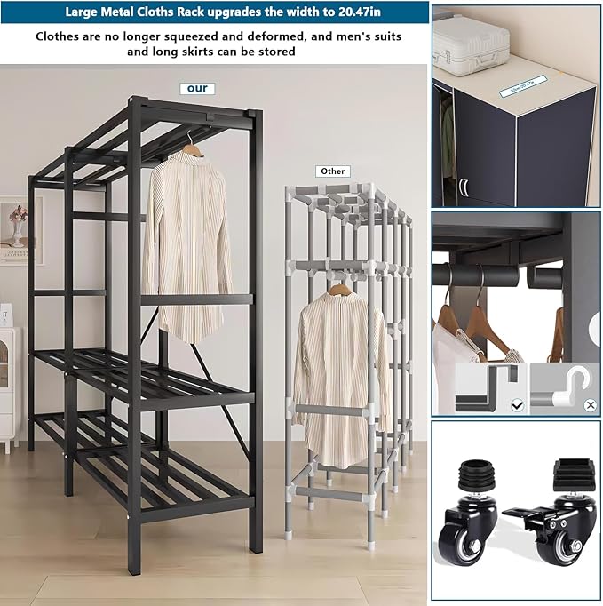 Heavy Duty Covered Clothes Rack with Magnetic Door Foldable Portable Wardrobe Closet for Hanging Clothing Rolling Black Metal