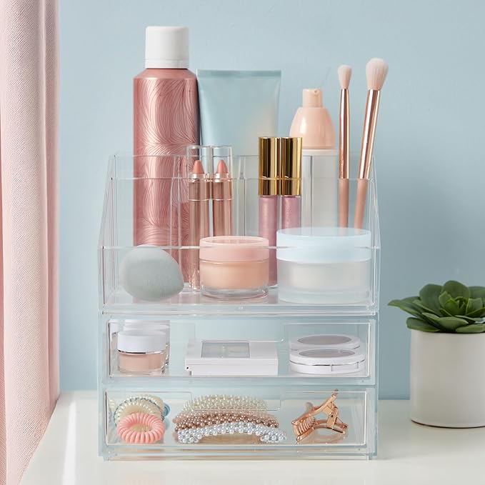 STORi Chloe Stackable Makeup Holder & Drawer Organizer Set, Clear, BPA-Free Plastic, Made in USA, Organize Brushes, Cosmetics