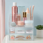 STORi Chloe Stackable Makeup Holder & Drawer Organizer Set, Clear, BPA-Free Plastic, Made in USA, Organize Brushes, Cosmetics