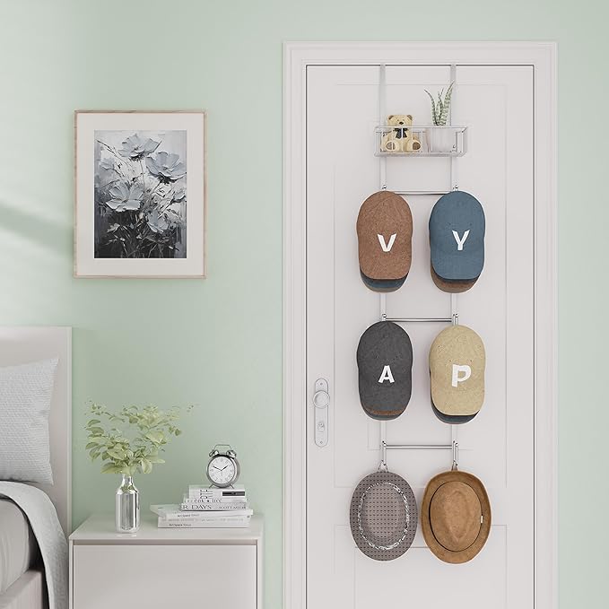 HapiRm Over Door Hat Rack - Wall Mounted Hat Organizer with 6 Hooks and Metal Basket Design, Baseball Cap Organizer Storage H