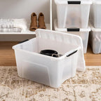 IRIS USA 40 Qt Stackable Plastic Storage Bins with Lids, 4 Pack - BPA-Free, Made in USA - Discreet Organizing Solution, Latch