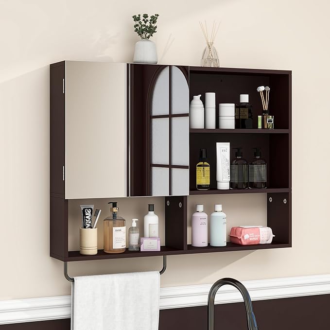 Medicine Cabinet, Wooden Bathroom Wall Cabinet with 2 Doors, Adjustable Shelves & Towel Bar, Over Toilet Storage Cabinet Wall