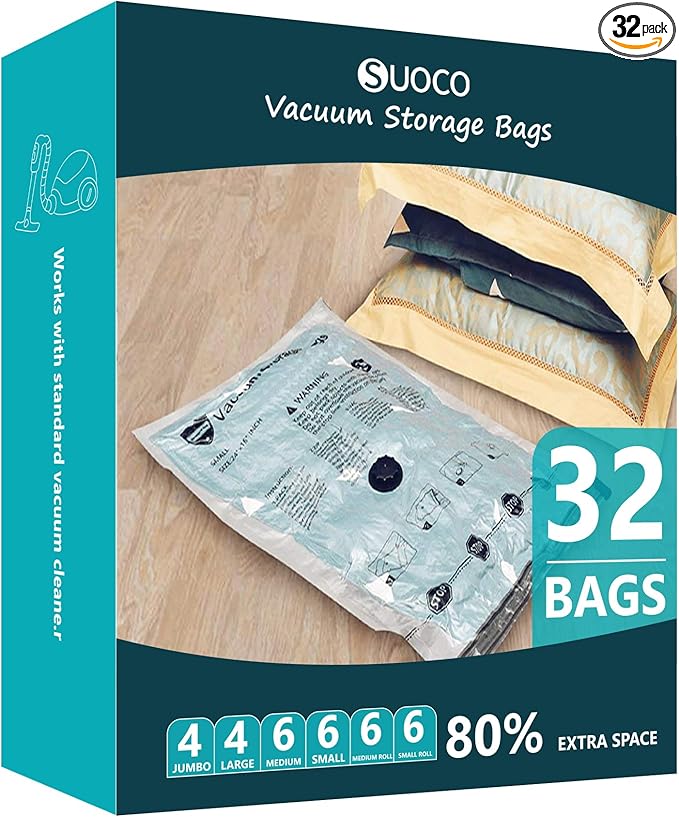 Vacuum Storage Bags, Compression Packing Space Saver Seal Bags for Clothing Bedding Comforters Blankets Pillows, 32 Combo