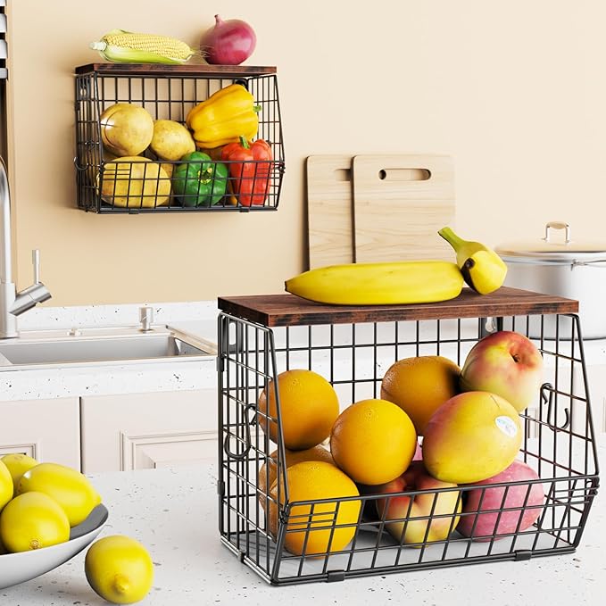 Mefirt 2pcs Fruit Basket Kitchen Storage Basket with Wood Lid, Stackable Wall Basket Fruit Basket for Kitchen, Countertop Org