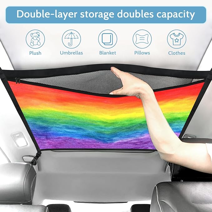 Rainbow Car Ceiling Cargo Net Pocket Hanging Storage Bag with Zipper 31.5"x21.6" Double-Layer Mesh Car Roof Storage Organizer Long Road Trip Truck SUV Travel Camping