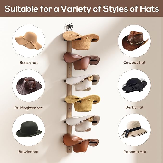 Cowboy Hat Rack for Wall – 3-Piece Western Hat Holder, Rustic Wooden & Metal Wall Mounted Cowboy Hat Organizer, Holds up to 6