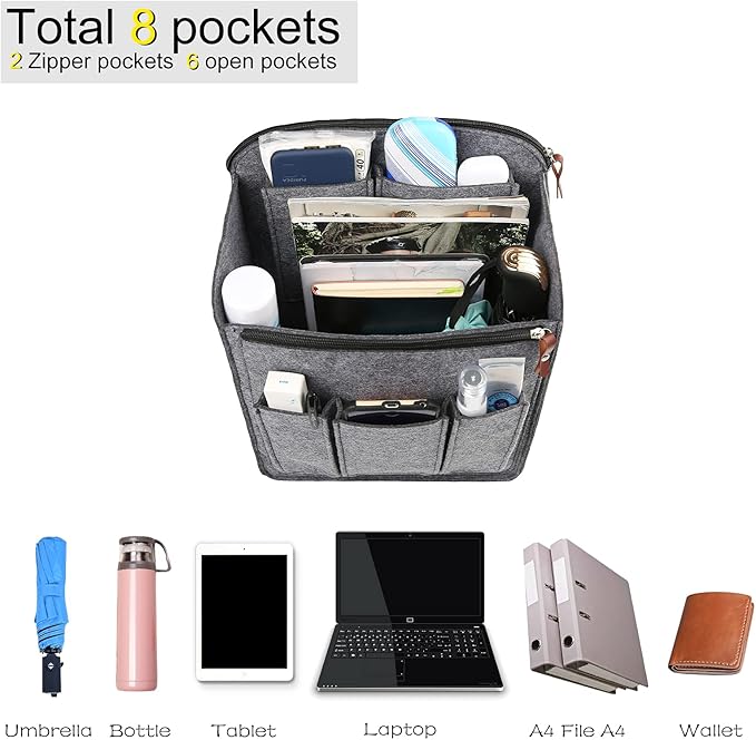 Surblue Felt Backpack Organizer Insert for Travel Rucksack and Daypack, Bag Insert Liner Pocket with Zipper, Large Capacity D