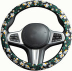 Embroidered Flowers Black Cute Daisy Steering Wheel Cover Auto Anti-Slip Breathable Rubber Steering Wheel Protector,Floral Car Accessories for Women,Universal Size Fit Most Cars -15 inch