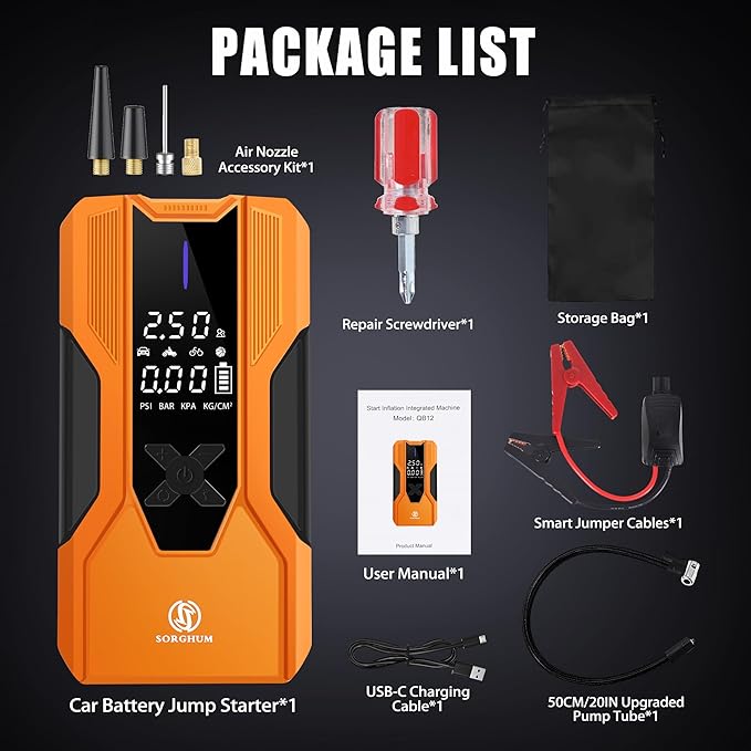 Sorghum Battery Jumper Starter Portable - 8000A Car Battery Jump Starter with Air Compressor, 150PSI Jump Box with Tire