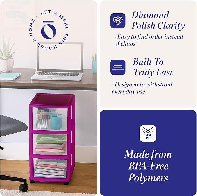 HOMZ Drawer Tower, 3-Tier Clear Plastic Storage Organizer Cart, Purple Frame - Rolling Drawer Containers with Wheels for Bath