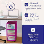 HOMZ Drawer Tower, 3-Tier Clear Plastic Storage Organizer Cart, Purple Frame - Rolling Drawer Containers with Wheels for Bath