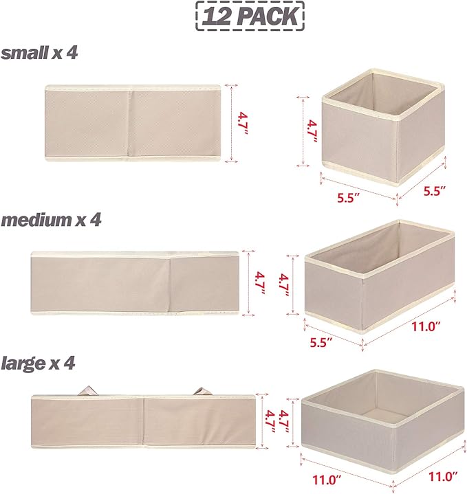 DIOMMELL 12 Pack Foldable Cloth Storage Box Closet Dresser Drawer Organizer Fabric Baskets Bins Containers Divider for Clothe