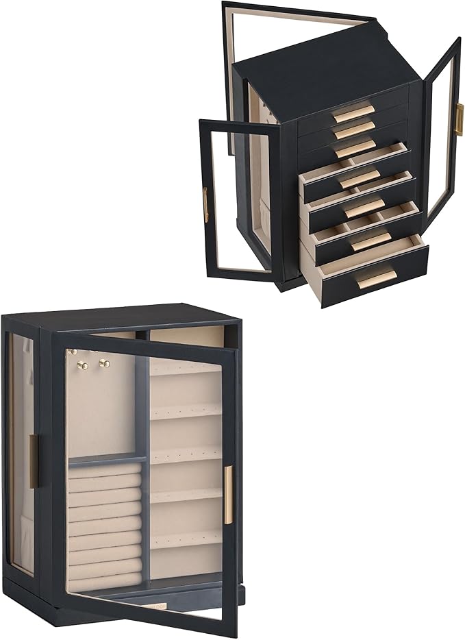 Glimmloop 360° Rotating Jewelry Box with 7 Drawers, Spacious Vertical Jewelry Organizer with Glass Window, Jewelry Storage Ca