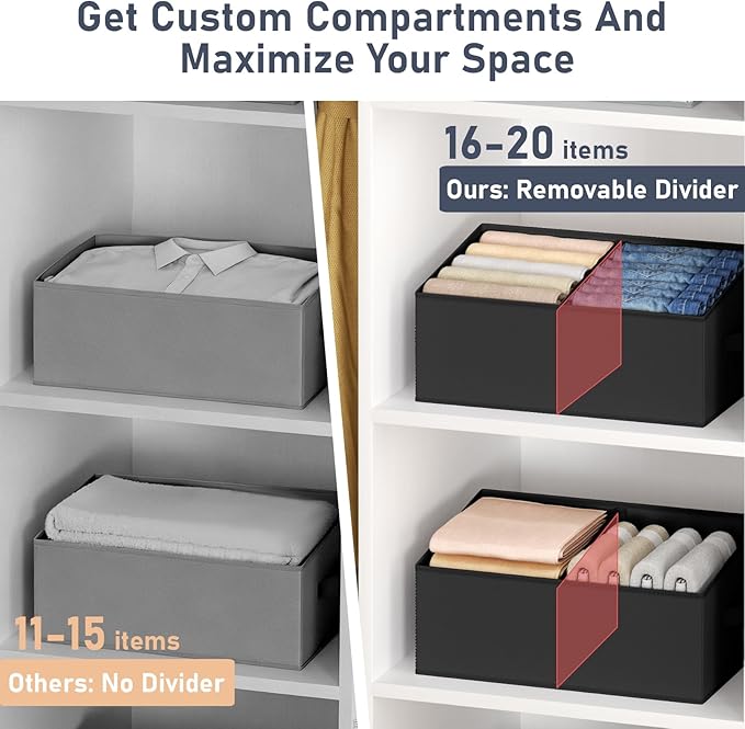 DIMJ Large Closet Shelf Organizer Bins 8 Packs with Handles and Divider, Fabric Trapezoid Storage Baskets, Foldable Clothes C