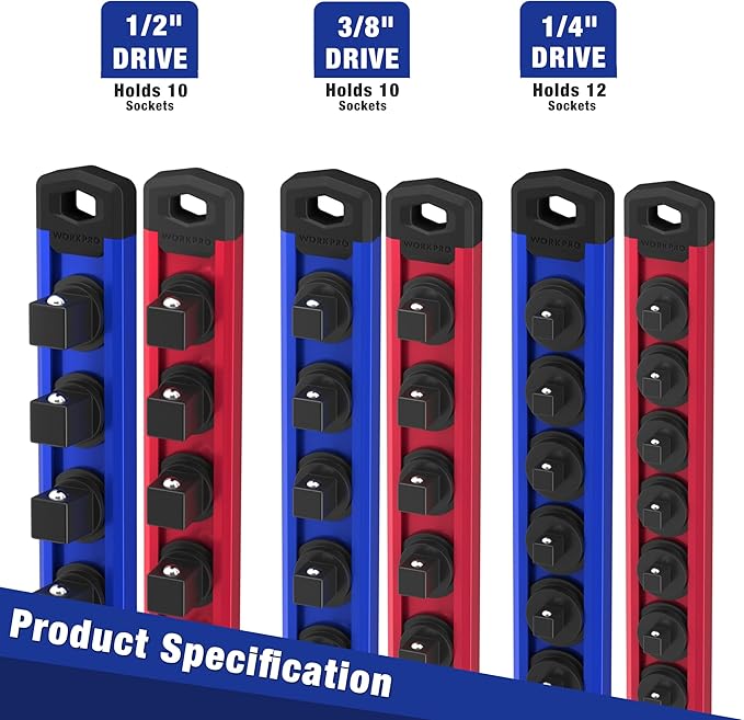 WORKPRO Magnetic Socket Organizer - 6-Piece Aluminum Alloy Socket Rail, Heavy Duty Socket Holder - Set: 1/4-Inch x 12 Clips, 