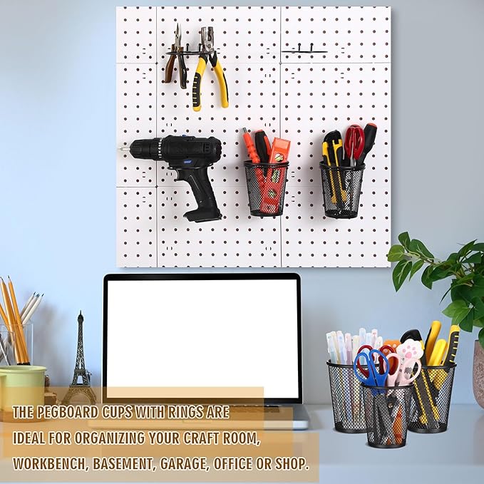 Spakon 6 Sets Pegboard Cups with Ring Hook, Peg Board Baskets Bin Holder Organizer Accessories Pegboard Pencil Cup Multipurpo